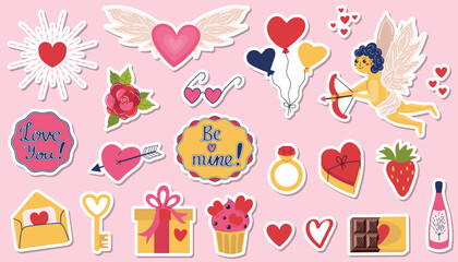 A set of Valentine's Day stickers with hearts and Cupid, gift boxes and a rose, balloons and a ring, chocolate and champagne. Stickers with love you and be mine slogans. Set of symbols of love.