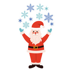 Funny Santa Claus in red pom-pom hat scatters snowflakes. Cute Christmas symbol in flat cartoon style, perfect for winter card, festive greeting, print, sticker, or joyful holiday decoration.