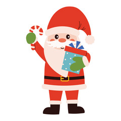 A cheerful Santa Claus with a beard, mustache, and a red cap with a pom-pom holds a candy cane and a gift. A Christmas character. A symbol of Merry Christmas.
