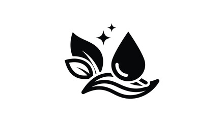 Stylized black silhouette of a water droplet and leaves with sparkling stars representing nature and purity silhouette