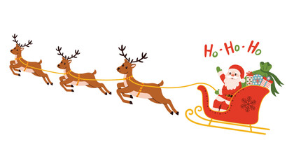 Happy Santa Claus in cartoon flat style on sleigh with reindeers and sack of presents waving and saying ho-ho-ho. Flat cartoon Christmas symbol, perfect for greeting card, poster, winter decoration.