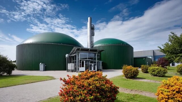 Two large green-domed biogas digesters at an anaerobic digestion plant, with a central processing building and landscaped grounds.
