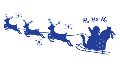 Blue silhouette of Santa Claus riding sleigh pulled by reindeers, saying ho-ho-ho with stars around. Flat cartoon style Christmas illustration for holiday design, greeting, card, or festive print.