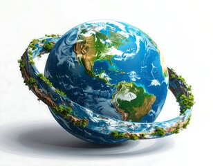 A 3D rendered planet with a natural, green halo surrounding it