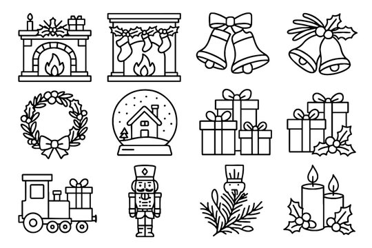 Vector icons fire icon festive fireplace holiday snow mantel bells train wreath