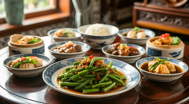 A Traditional Chinese Dinner with Stir Fried Morning Glory and Dim Sum