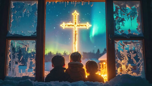 Three children watching glowing cross and aurora through frosty window, symbolizing wonder, belief, and innocence of Christmas night under northern lights and shimmering hope of faith - Powered by Adobe