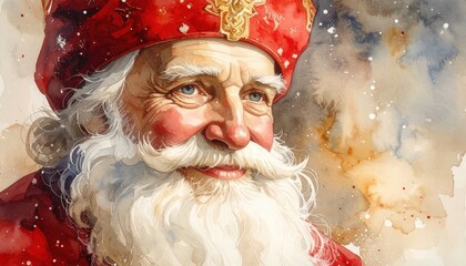 Watercolor portrait of smiling elderly man in red festive attire representing joy and timeless kindness reflecting holiday cheer warmth and human spirit in gentle tones