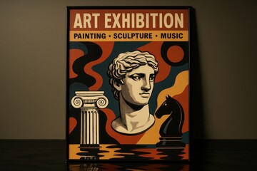 Abstract art poster design for a multidisciplinary exhibition featuring painting, sculpture, and music, with a vector illustration of a Roman column, Greek sculpture, and chess horse pattern