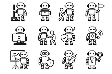 Fototapeta premium Robot research monitoring task maintenance teaching delivery assistance vector icons icon care