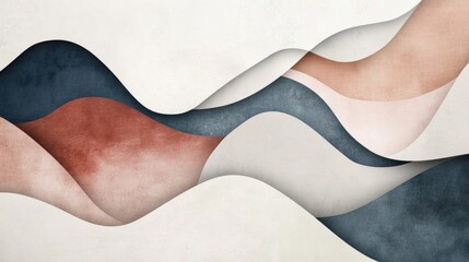 Abstract waves in soft colors create a modern and minimalist design. The composition features flowing lines in shades of blue, beige, and terracotta.