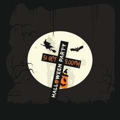 Set of Halloween party invitations, greeting cards, or posters with calligraphy, cutest pumpkins, bats and candy in night clouds. Design template for advertising, web, social media. Paper cut style