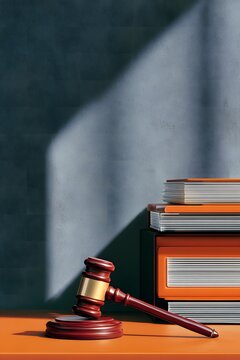 Wooden gavel resting on a polished surface beside stacked legal books, casting shadows, highlighting the importance of law and justice in a professional setting