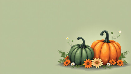 Autumn pumpkins with flowers on a soft green background, perfect for fall.