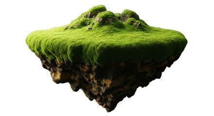Floating island with green moss isolated on white background in the sky