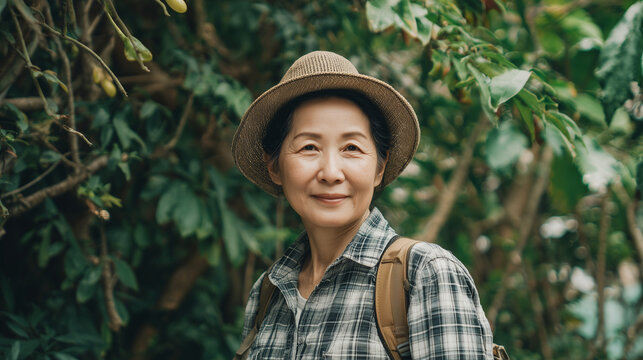 middle-aged asian woman, carrying her backpack in an outdoor setting. Wearing casual attire, plaid shirt or dress, adventure travel for elderly people. journey through nature. exploring new places, em