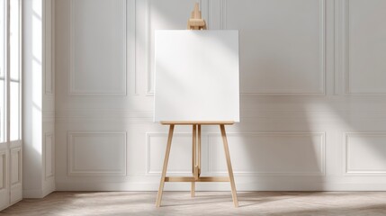 Blank Canvas of Creativity: A clean, inviting canvas stands poised on a wooden easel in a bright room with classic molding. Bathed in natural light, the canvas holds the promise of potential. 