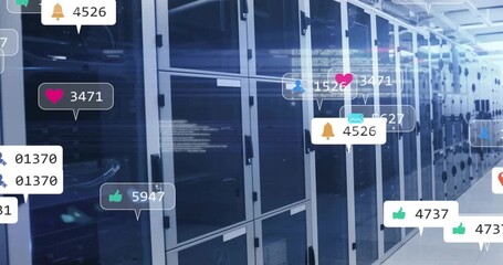 sequence starting data center aisle, metric icons materializing drifting while showing data flow - Powered by Adobe