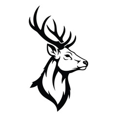 Naklejka premium Stylized black and white graphic of a majestic stag head with large antlers in profile view.