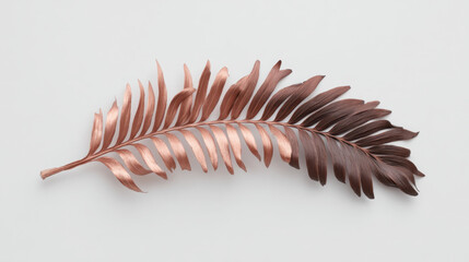 Metallic palm leaf on white background with copper and bronze tones evoking elegant botanical texture and modern decorative style