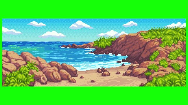 Retro Pixel Art Animated Video of a Secluded Rocky Beach Cove with Rolling Ocean Waves, Moving Clouds, and Swaying Tropical Foliage Background