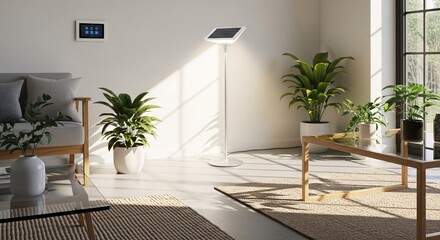 Bright Minimalist Living Space with Solar Lamp Sustainable Home Interior, Indoor Plants, Natural Light, Modern Furniture, Energy Efficient Lighting, Wall Panel