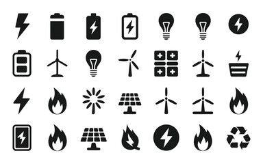 Diverse collection of energy icons representing power sustainability and renewable resources