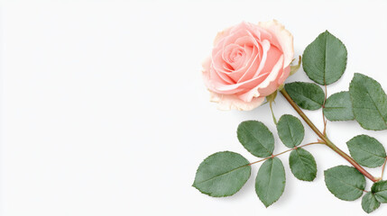Soft pink rose bloom on white background with green leaves and stem, elegant floral composition for greeting card or minimal branding, gentle romantic mood and delicate texture