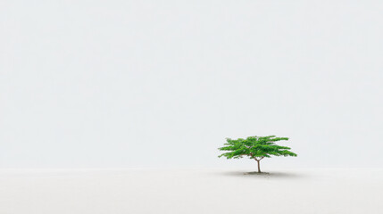 Obraz premium Lonely green tree on white sand under soft light creating peaceful minimal solitude scene