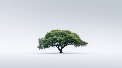 Solitary oak tree positioned top right in minimal nature concept, single tree standing on open plain under soft sky conveying calm and serenity