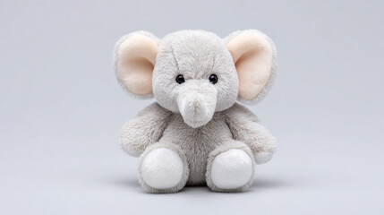 Soft toy elephant plush grey white nursery stuffed animal cute cuddly sitting on neutral backdrop smiling gentle expression