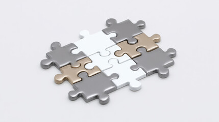 Metallic silver white and gold puzzle pieces arranged on white background, minimal modern concept showing teamwork and connection with glossy finish and soft shadow