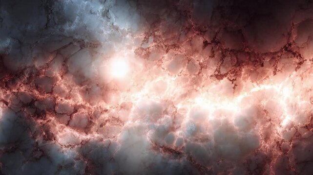 A colorful interstellar nebula with glowing pink-red filaments and dark cloudy regions.