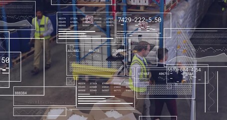 Logistics team consulting sheets and updating inventory grid with animated overlays for planning - Powered by Adobe