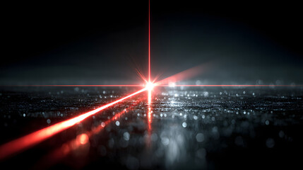 Close-up of laser pointer casting bright red beam across dark background with reflective surface creating mesmerizing effect