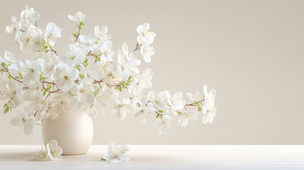 White blossom branch in ceramic vase on neutral table with soft natural light and minimal composition conveying calm and delicate mood