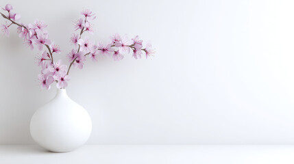 Soft pink cherry blossom branch in minimalist white ceramic vase on clean tabletop, delicate petals and calm composition creating serene spring atmosphere