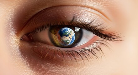 Close Up Human Eye with Earth Reflection in Pupil Artistic Macro Image
