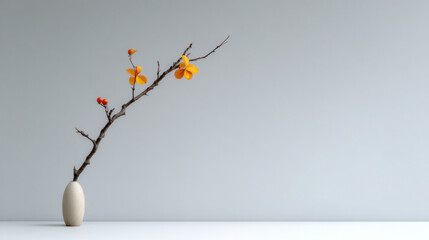 Minimalist still life with single ceramic vase and angled branch with yellow blossoms and red berries evoking calm composition and negative space