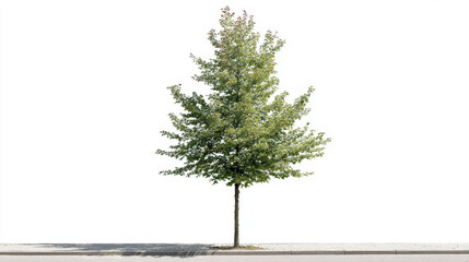 Young street tree in summer with green leaves and single trunk aligned to pavement edge giving calm urban natural scene