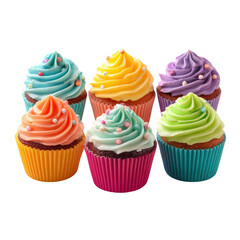 Colorful cupcakes in six different flavors on a white background celebrating a joyful event or party isolated on transparent background