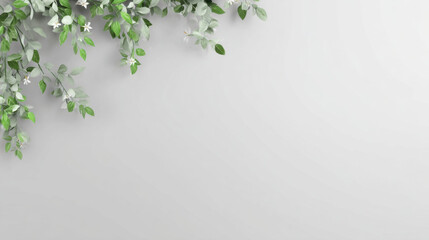 Green leaf branch border white background delicate flowers natural minimal blank space gentle botanical composition for invitation wedding stationery modern eco design