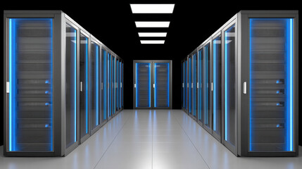 Data center server rack aisle with blue LED lighting, futuristic data storage room, reflective floor and ceiling panels creating dramatic atmosphere