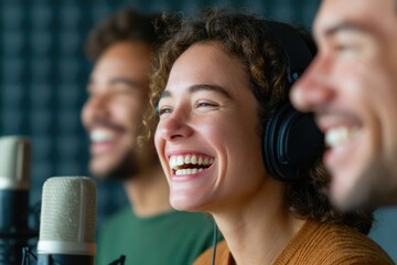 Cheerful team recording podcast in sound studio