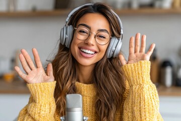 Smiling woman podcast host waving at microphone