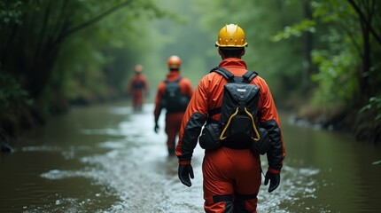 A group of rescue workers wearing protective gear walks through a flooded forest path during an emergency response. Concept of courage, climate disaster, and community protection during natural emerge
