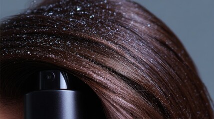 Fototapeta premium Close-up of a person's hair. the hair is a dark brown color and appears to be shiny and shiny. the person's head is tilted slightly to the side, and their hair is styled in loose waves.
