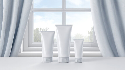 White cosmetic tube packaging on windowsill with soft natural light and pale curtains evoking clean minimalist skincare routine