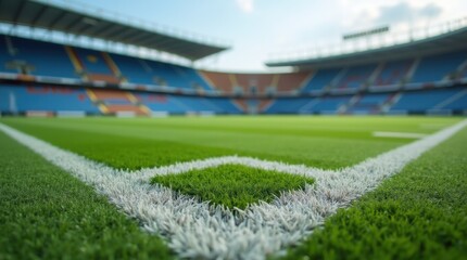 Fototapeta premium Football field with stadium in the background. Close-up view of the freshly-trimmed artificial turf and white lines