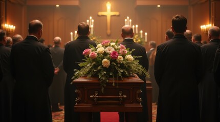 Funeral service with casket and mourners in a solemn setting
